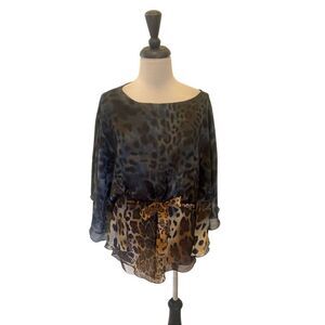 Alberto Makali Women's Leopard Print Lined Chiffon Tie Top Blue Brown Size Small